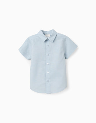 Camisa de manga curta em linho e algodão para bebé menino, azul-claro