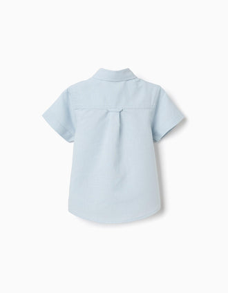 Camisa de manga curta em linho e algodão para bebé menino, azul-claro