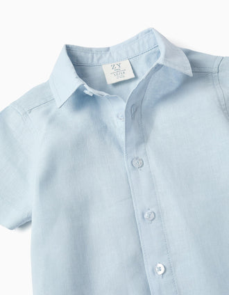 Camisa de manga curta em linho e algodão para bebé menino, azul-claro