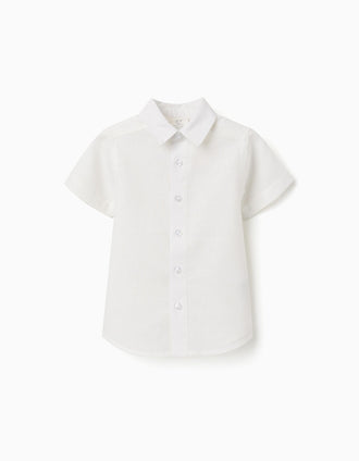 Camisa de manga corta en lino y algodón para bebé niño, blanco
