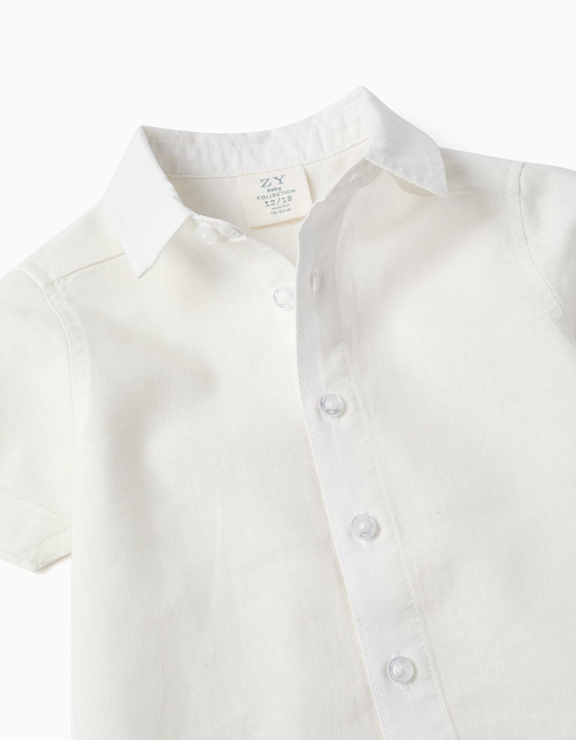 Camisa de manga corta en lino y algodón para bebé niño, blanco