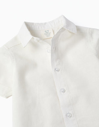 Camisa de manga corta en lino y algodón para bebé niño, blanco