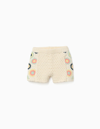 Short en maille avec fleurs au crochet pour bébé fille, beige clair