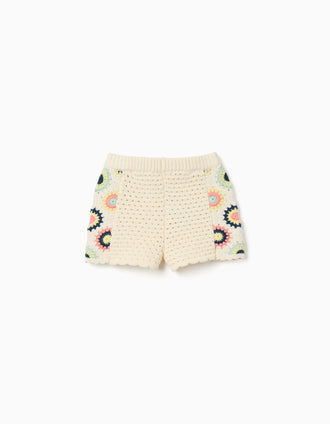 Short en maille avec fleurs au crochet pour bébé fille, beige clair