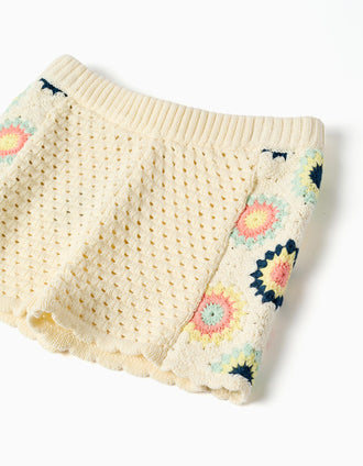 Short en maille avec fleurs au crochet pour bébé fille, beige clair