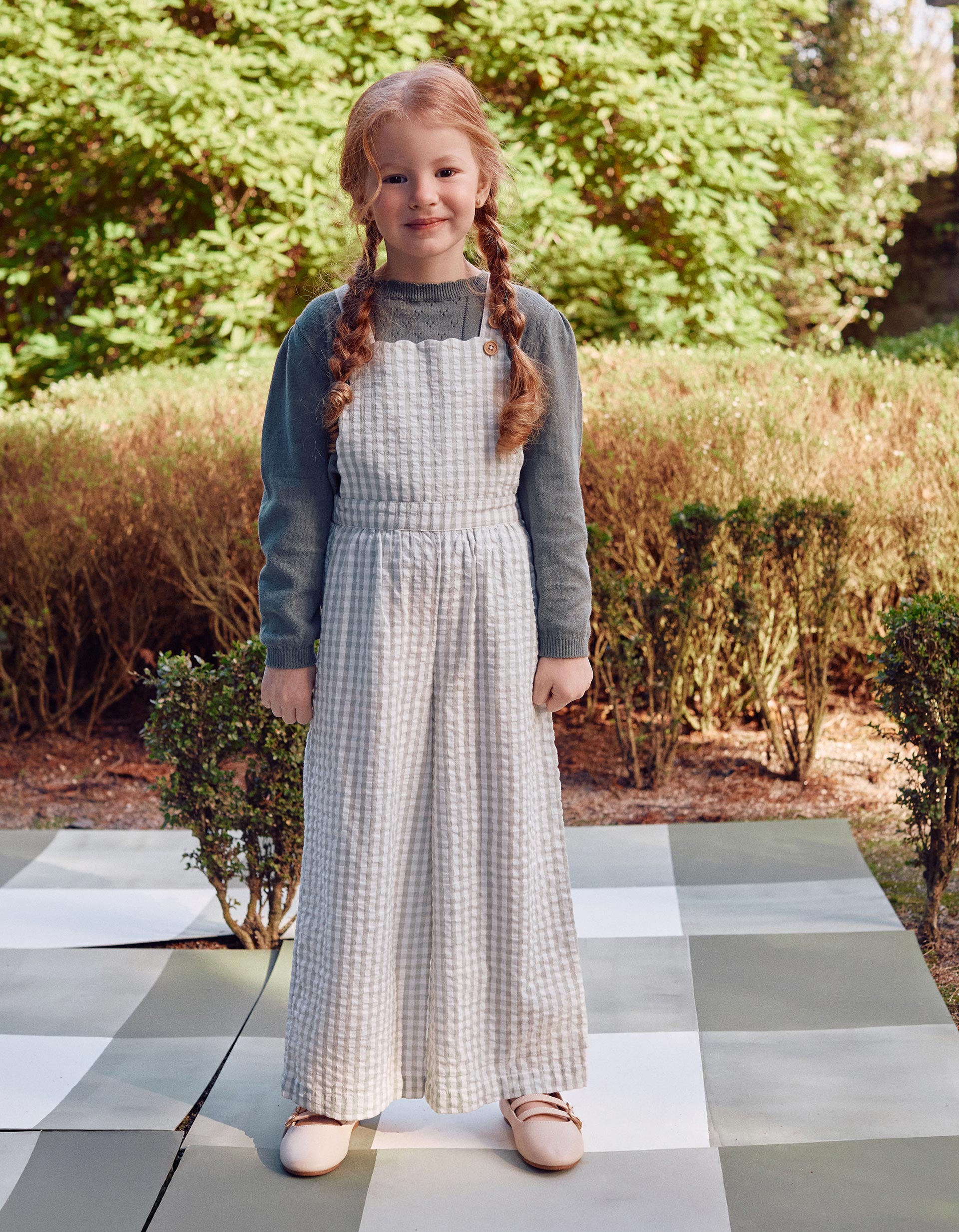 Cotton jumpsuit with Vichy pattern B&S for girls, white/light green