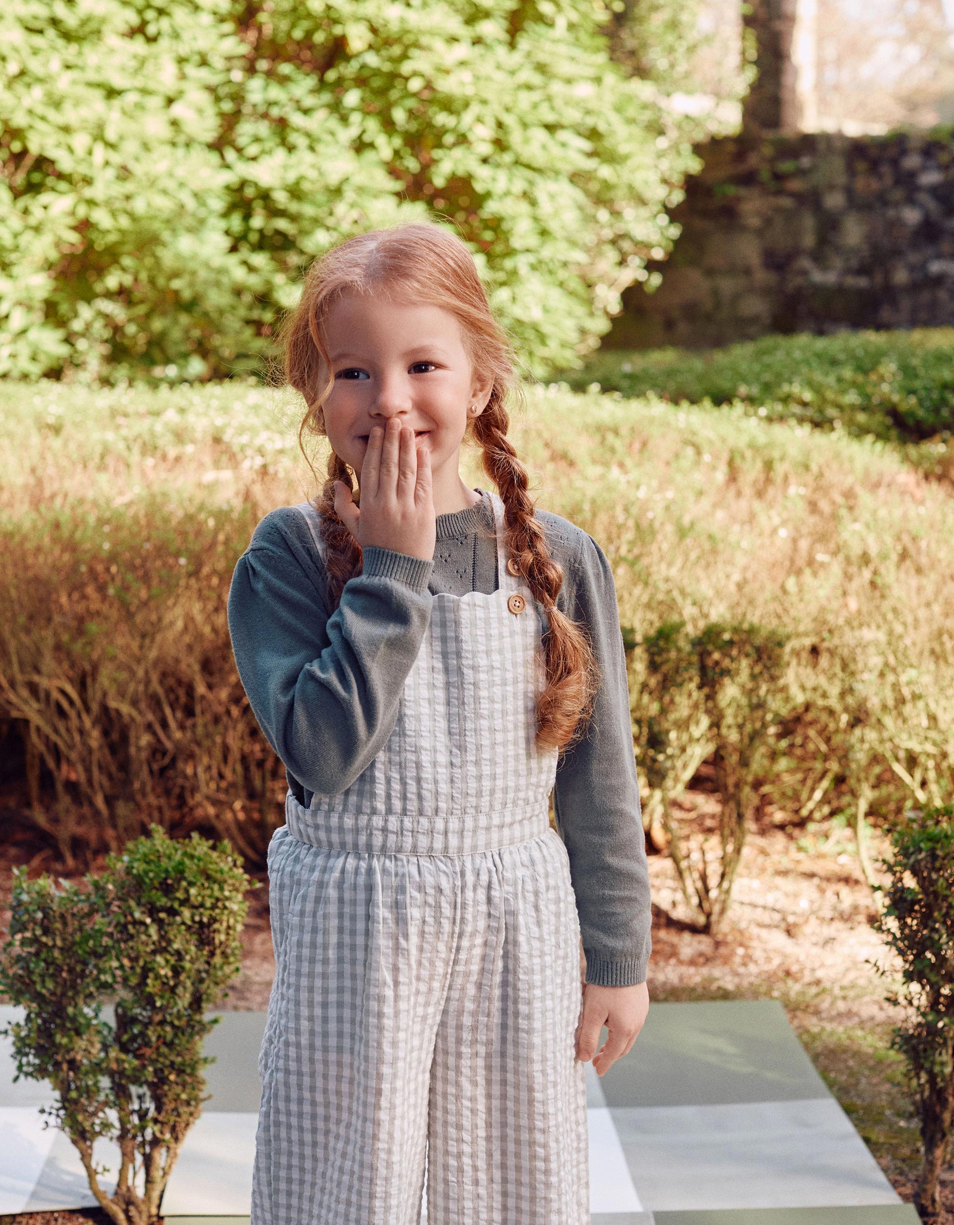 Macacão de algodão com padrão Vichy B&S para menina, branco/verde-claro