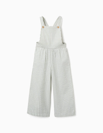 Macacão de algodão com padrão Vichy B&S para menina, branco/verde-claro