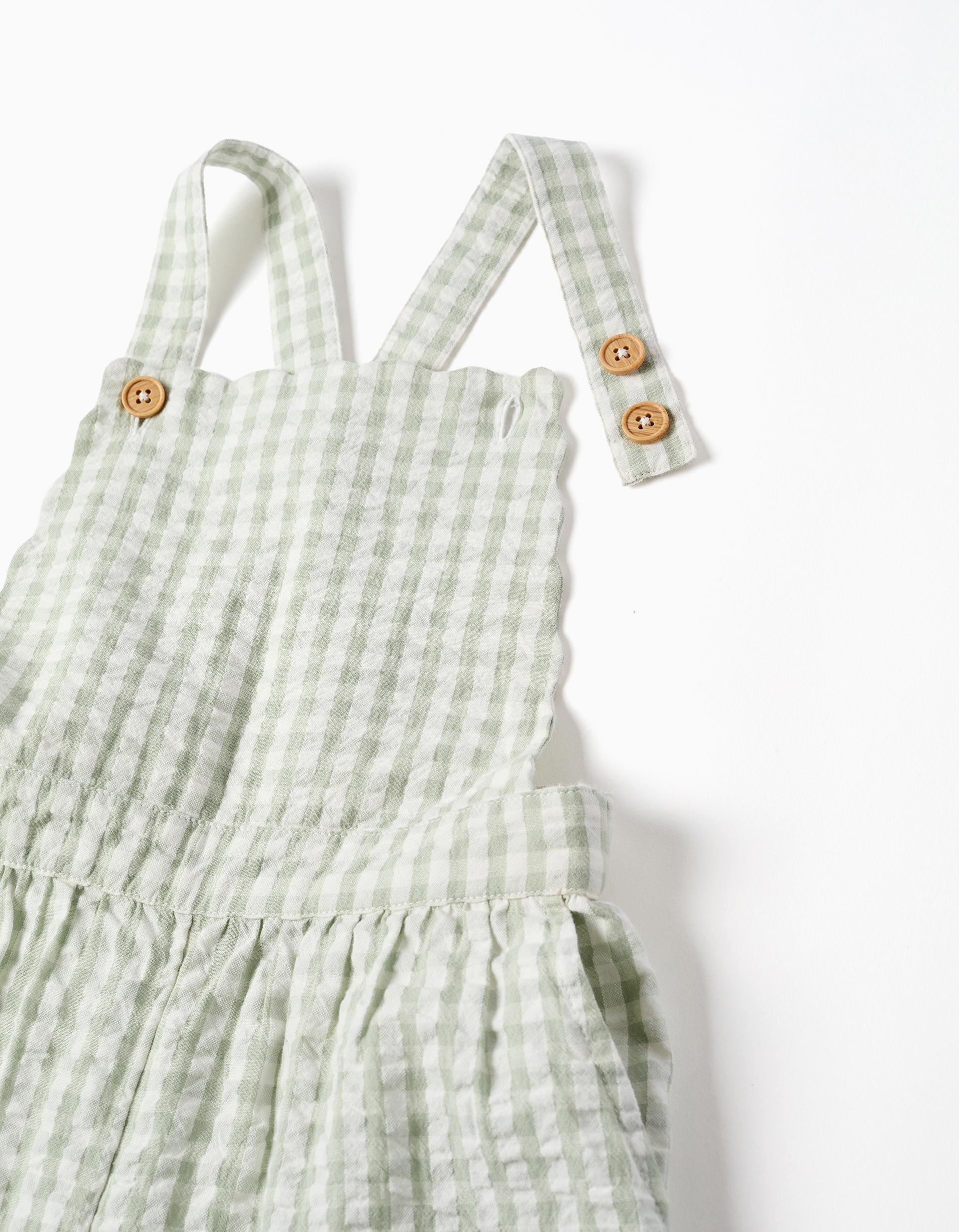 Macacão de algodão com padrão Vichy B&S para menina, branco/verde-claro