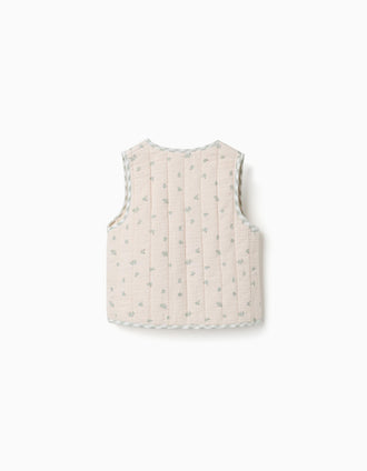 Padded cotton vest with floral motif B&S for baby girls, beige/green