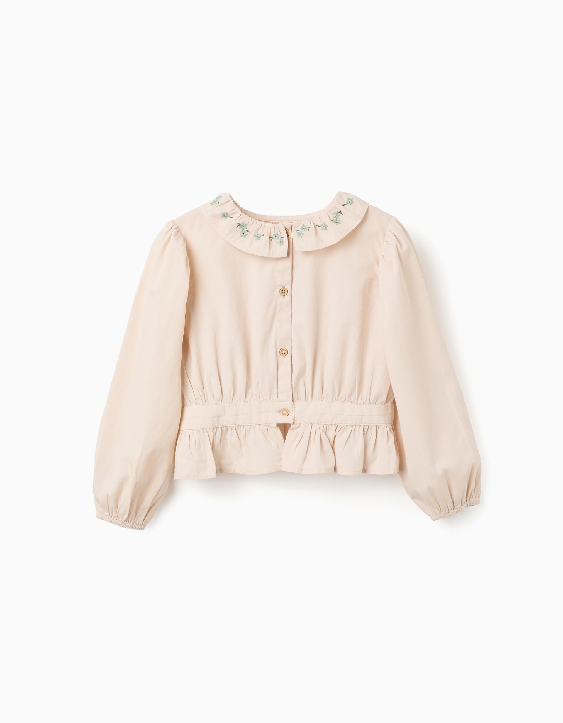 Poplin blouse with ruffles and balloon sleeves B&S for girls, beige