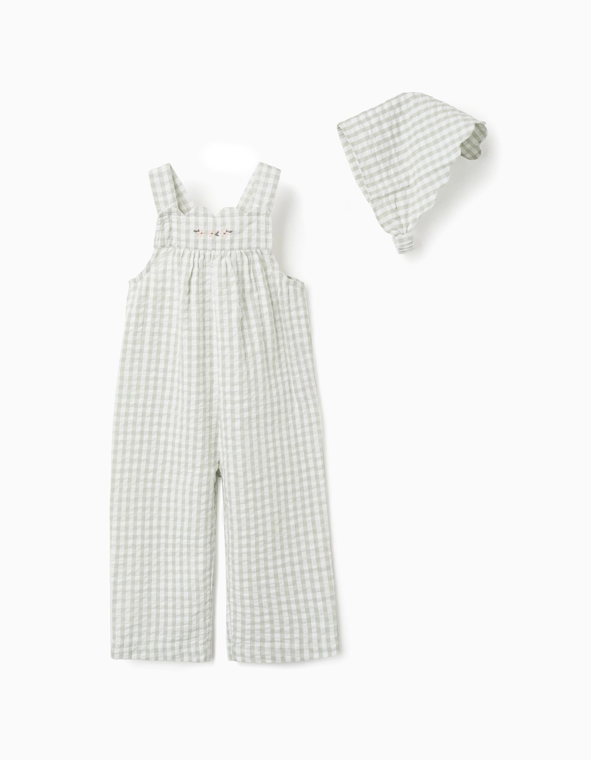 Cotton jumpsuit + bonnet with Vichy pattern B&S for baby girls, white/green