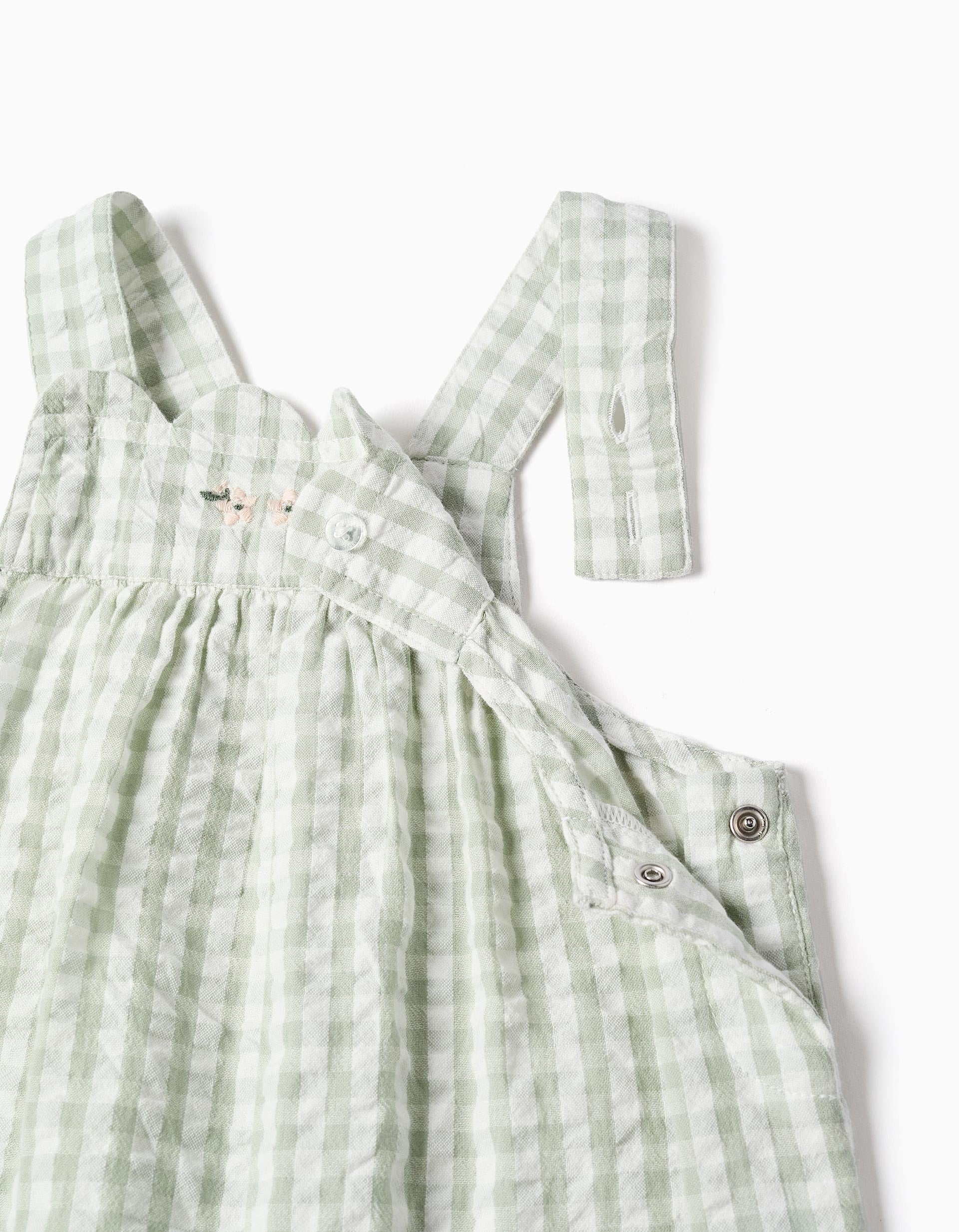 Cotton jumpsuit + bonnet with Vichy pattern B&S for baby girls, white/green