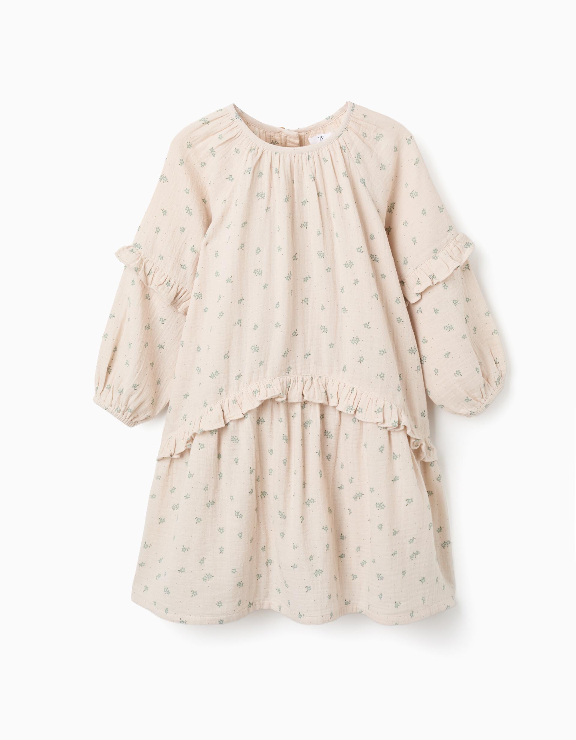 Vestido de algodão com motivo floral B&S para menina, bege/verde