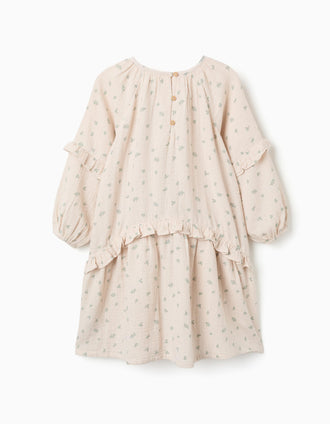 Cotton bambula dress with floral motif B&S for girls, beige/green