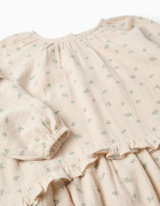 Cotton bambula dress with floral motif B&S for girls, beige/green