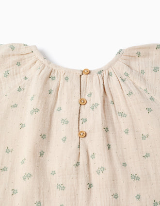 Cotton bambula dress with floral motif B&S for girls, beige/green