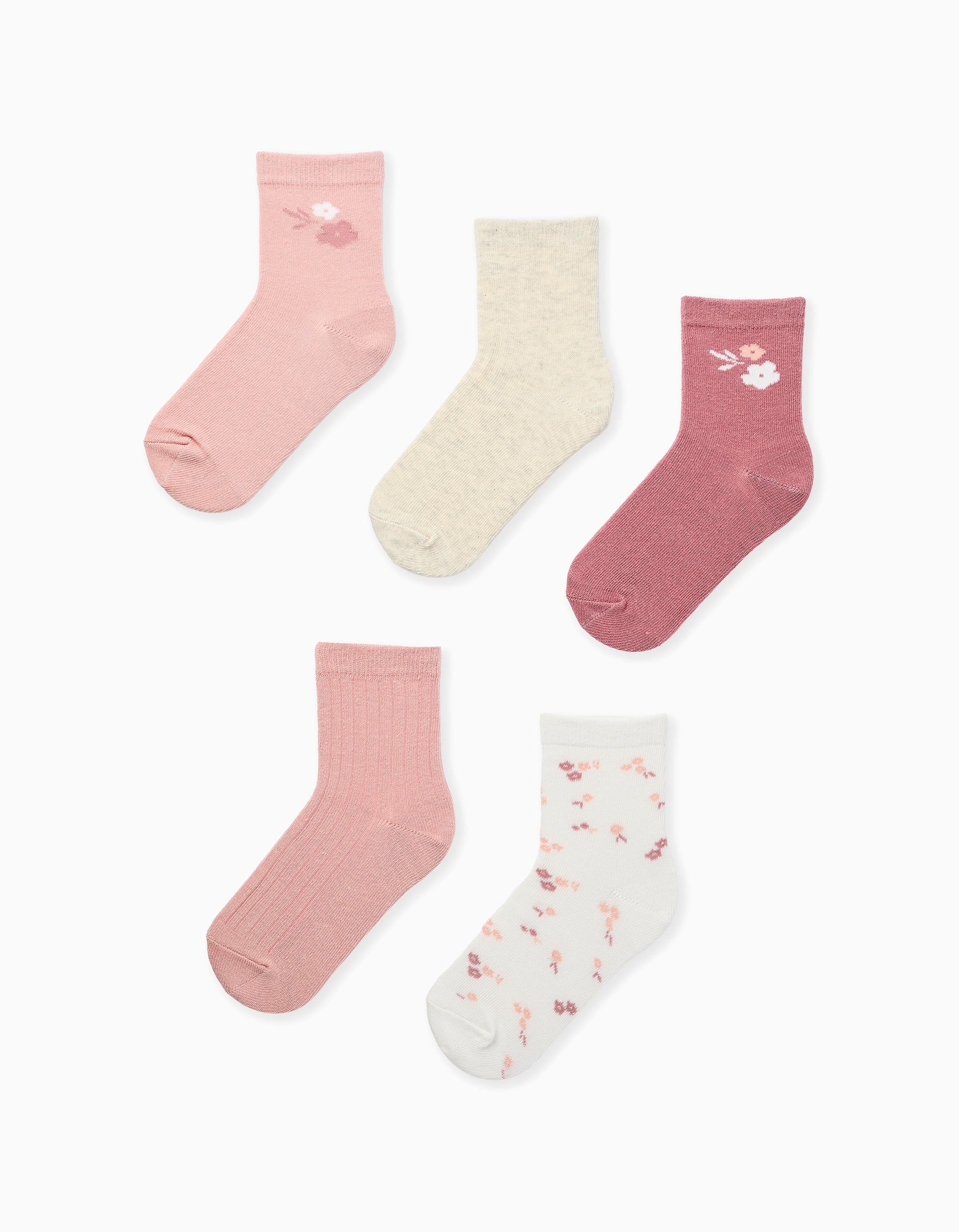 Lot de 5 paires de chaussettes à fleurs pour fille, rose/blanc/beige