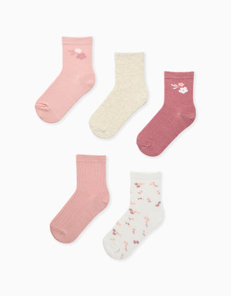 Pack of 5 pairs of socks with flowers for girls, pink/white/beige