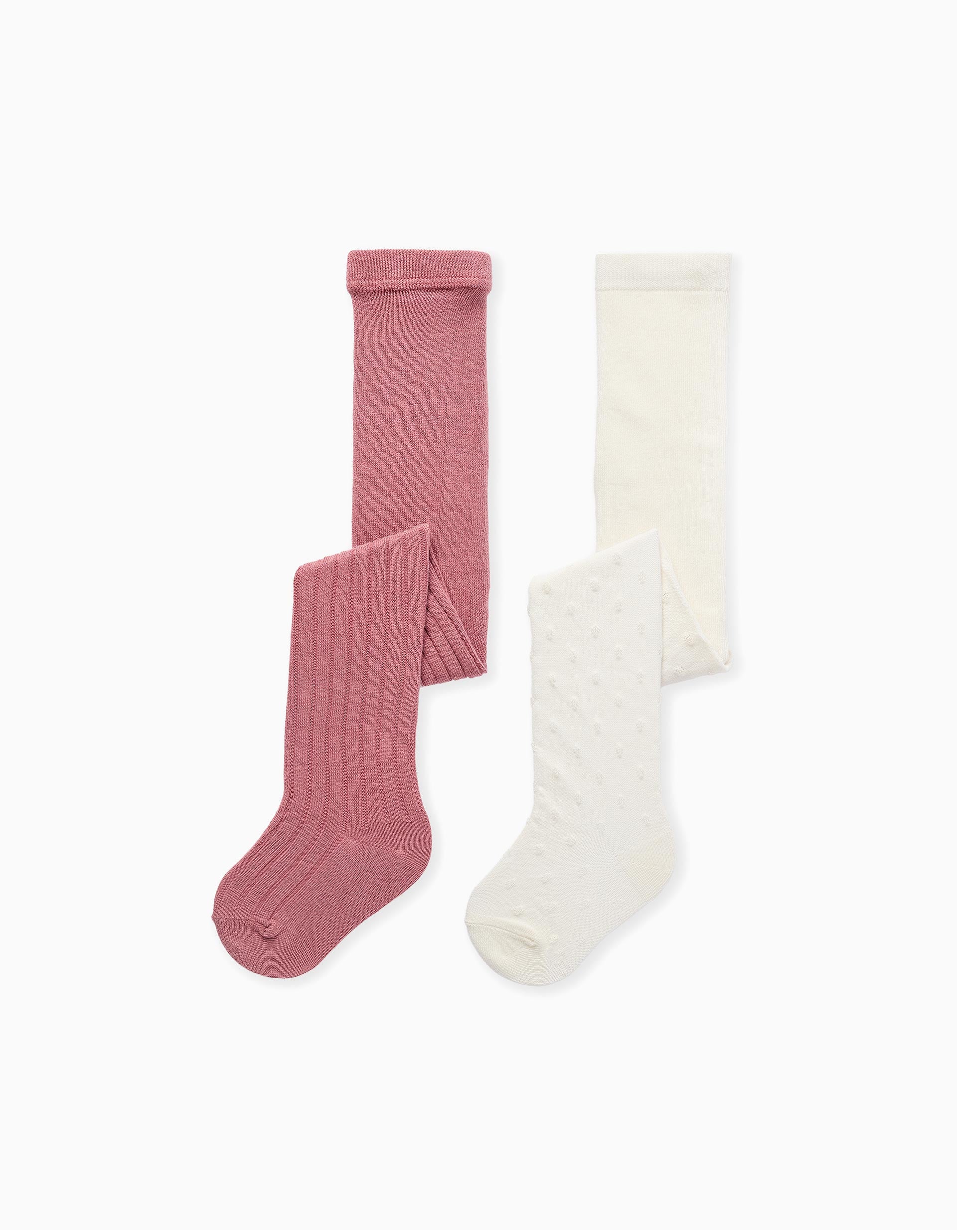 Lot de 2 paires de collants côtelés/jacquard pour bébé fille, blanc/rose
