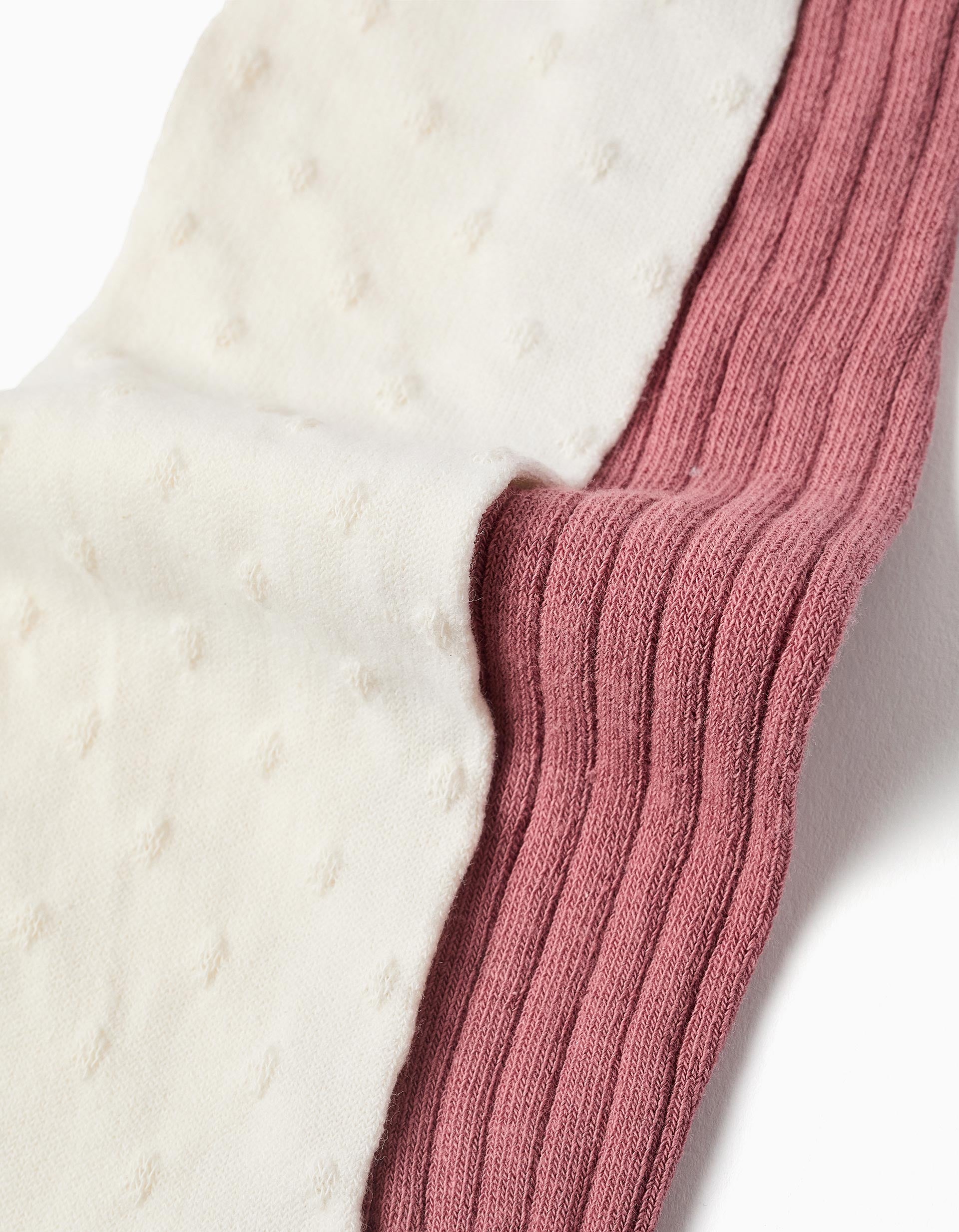 Lot de 2 paires de collants côtelés/jacquard pour bébé fille, blanc/rose