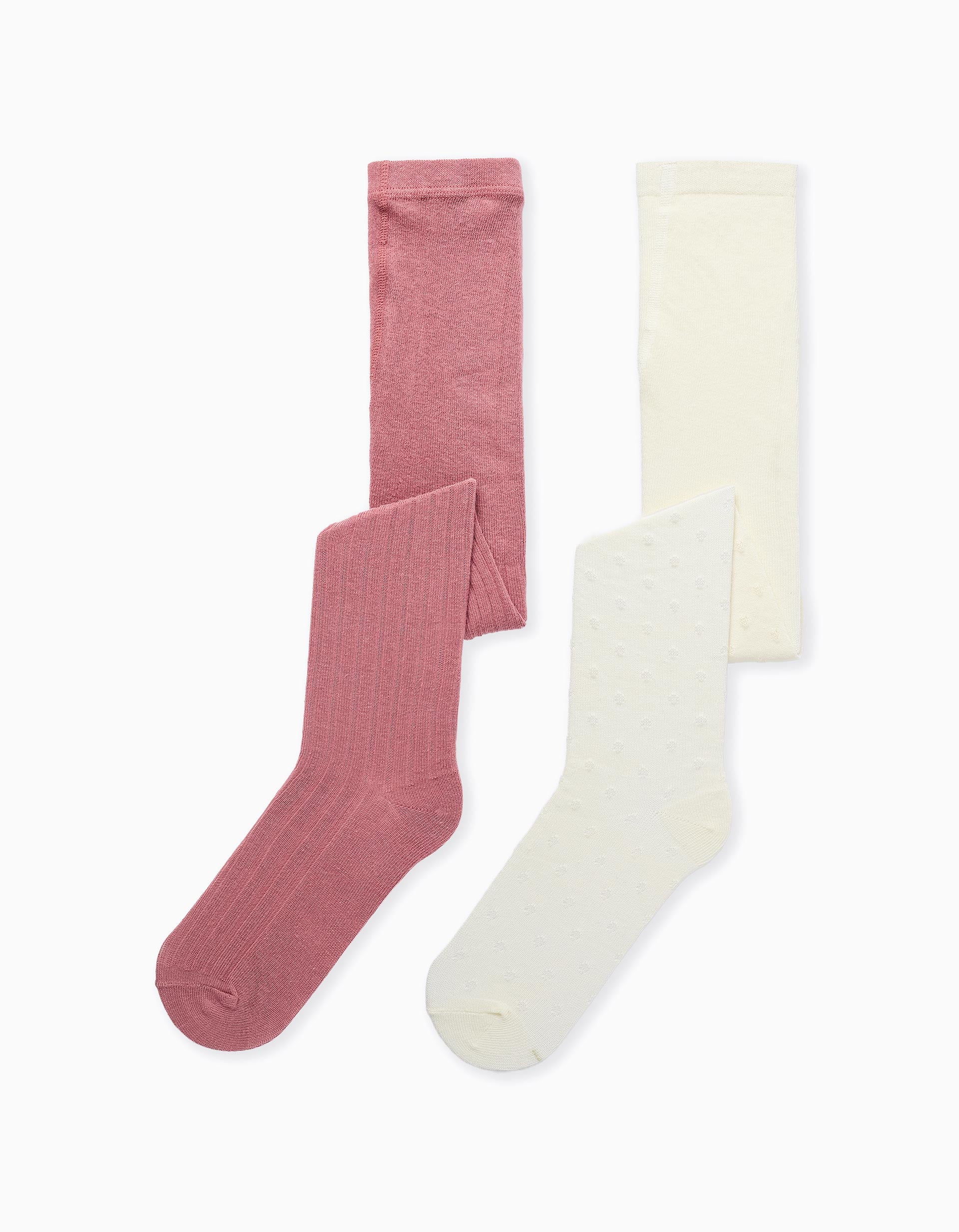 Lot de 2 paires de collants côtelés/jacquard pour fille, blanc/rose