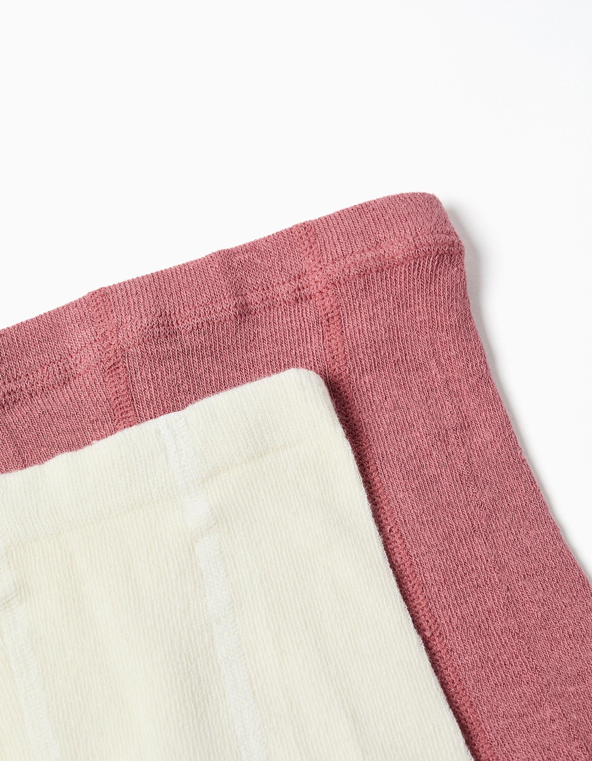 Lot de 2 paires de collants côtelés/jacquard pour fille, blanc/rose