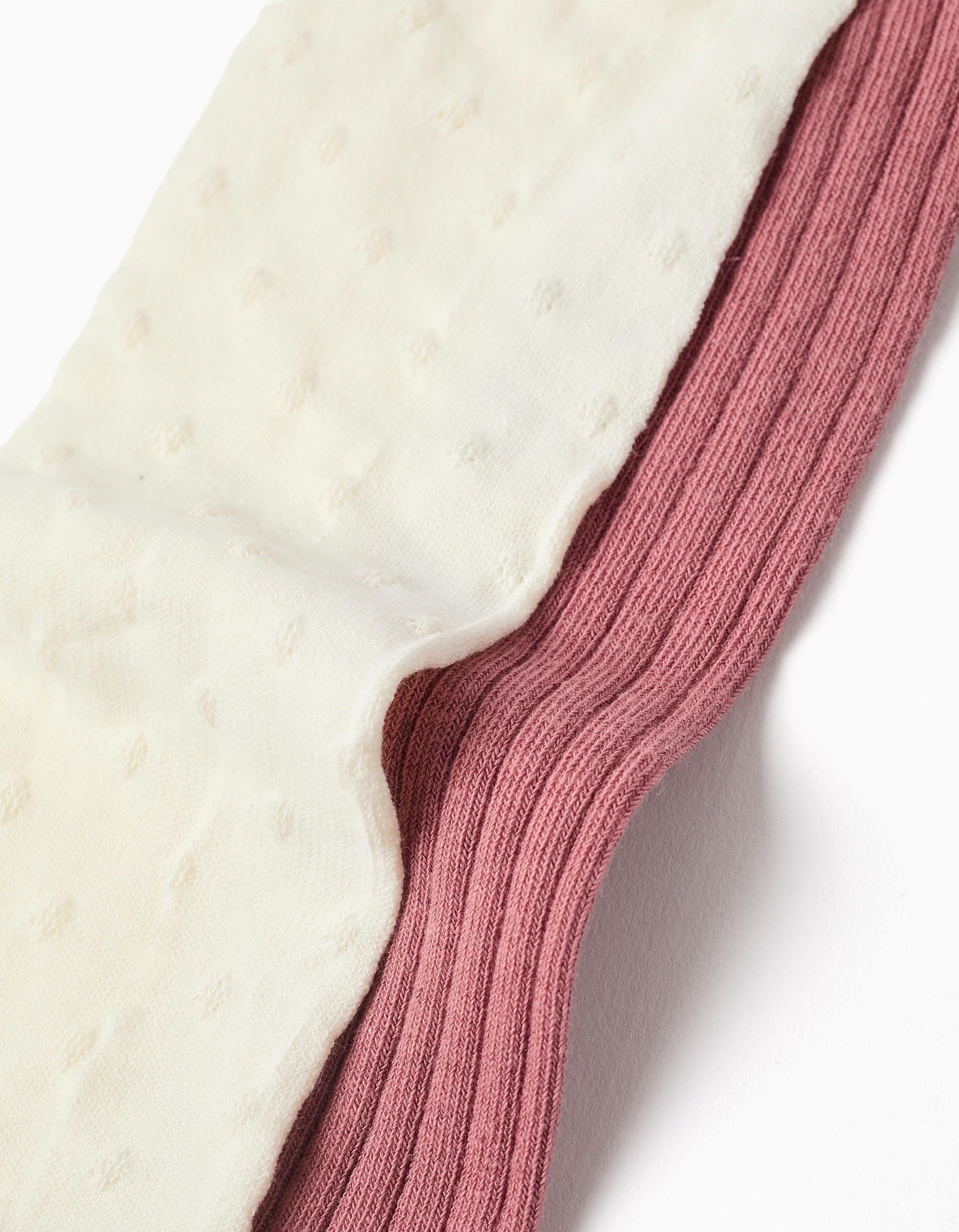 Lot de 2 paires de collants côtelés/jacquard pour fille, blanc/rose