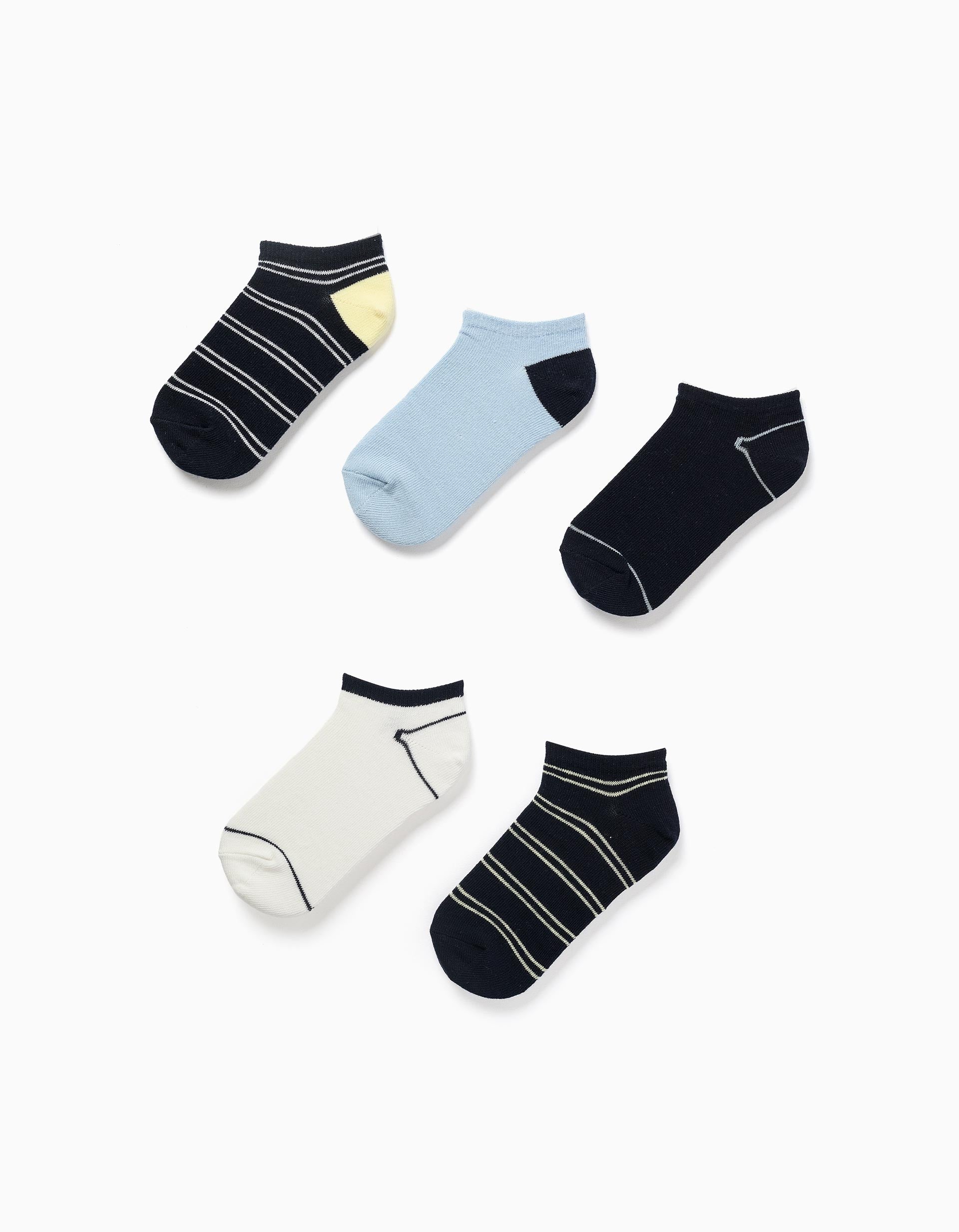 Pack of 5 pairs of striped ankle socks for boys, blue/white/yellow