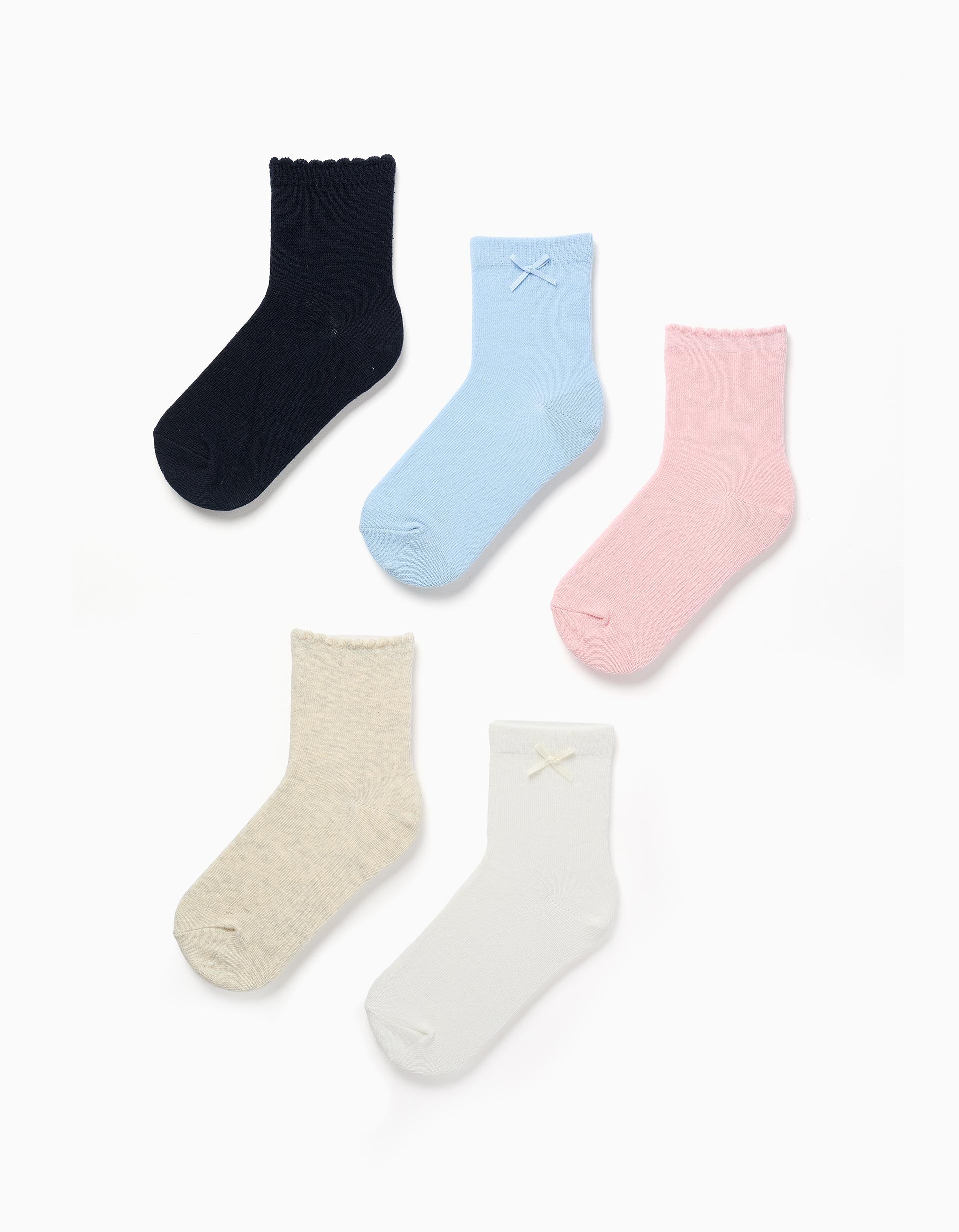 Lot de 5 paires de chaussettes unies pour fille, rose/blanc/beige/bleu