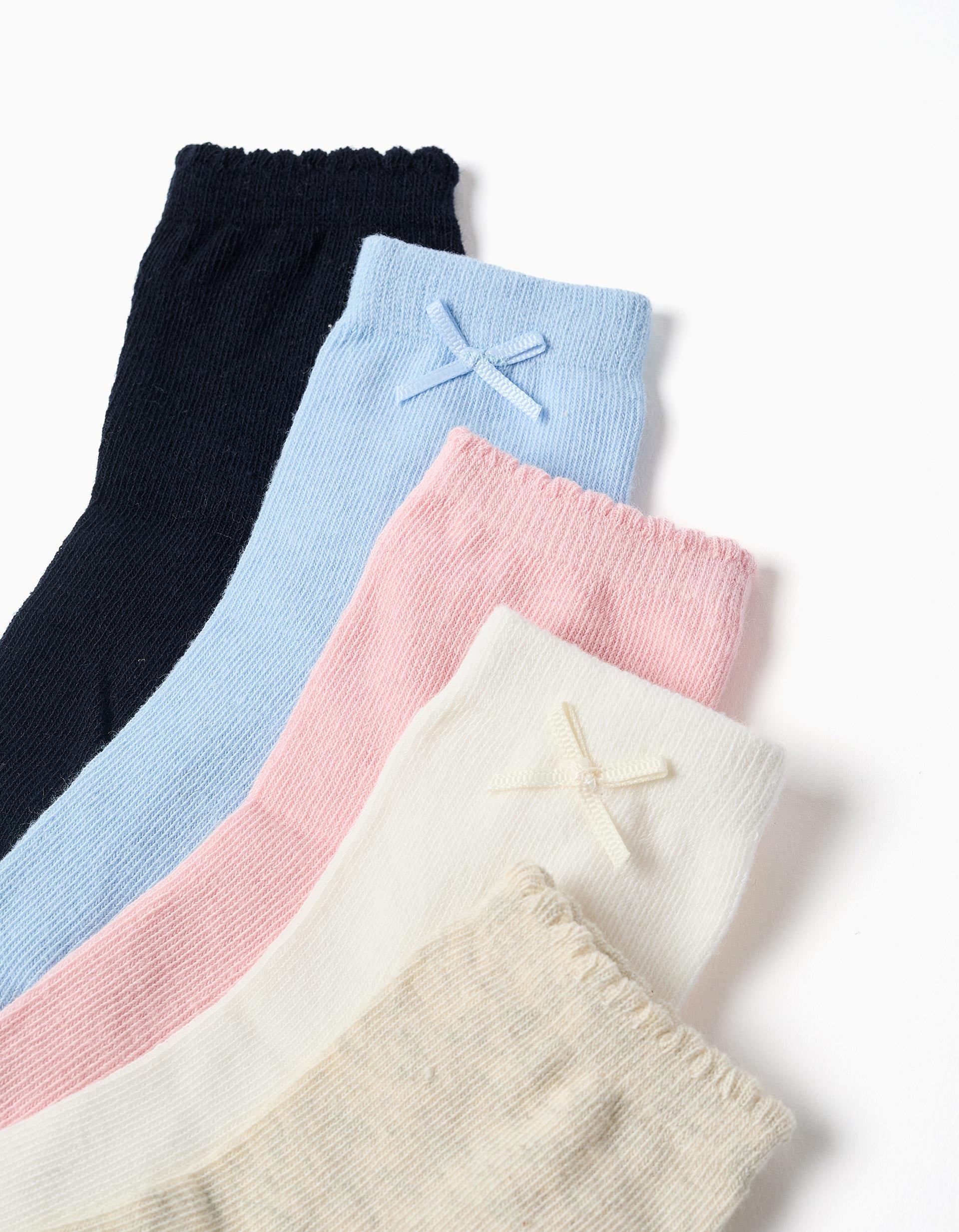 Lot de 5 paires de chaussettes unies pour fille, rose/blanc/beige/bleu