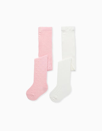 2 pairs of ribbed/jacquard tights for newborn and baby girls, white/pink