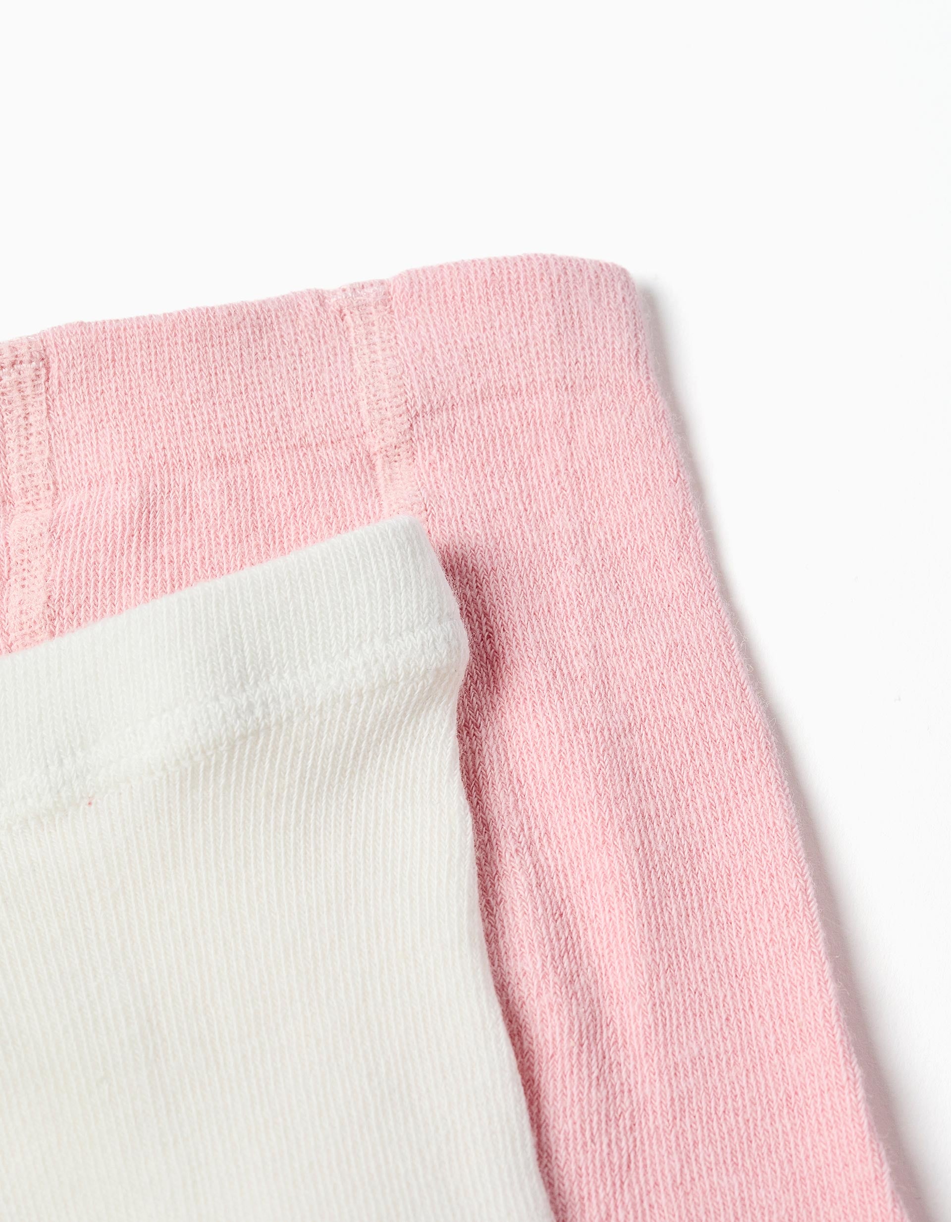 2 paires de collants côtelés/jacquard pour nouveau-née et bébé, blanc/rose
