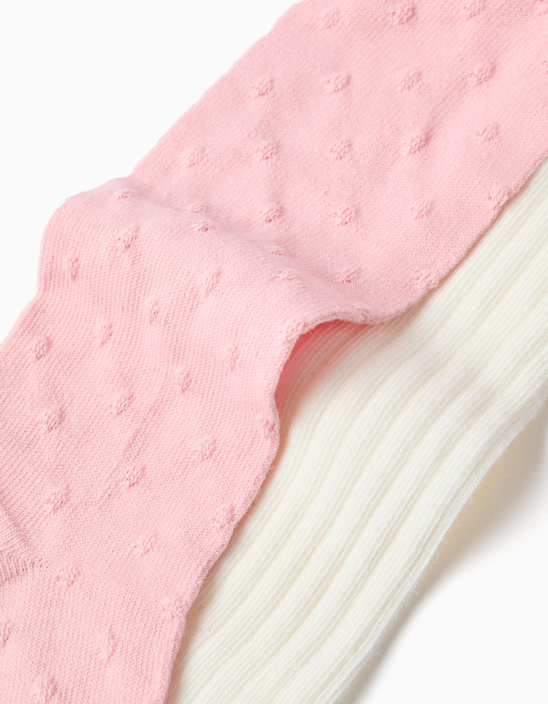 2 paires de collants côtelés/jacquard pour nouveau-née et bébé, blanc/rose