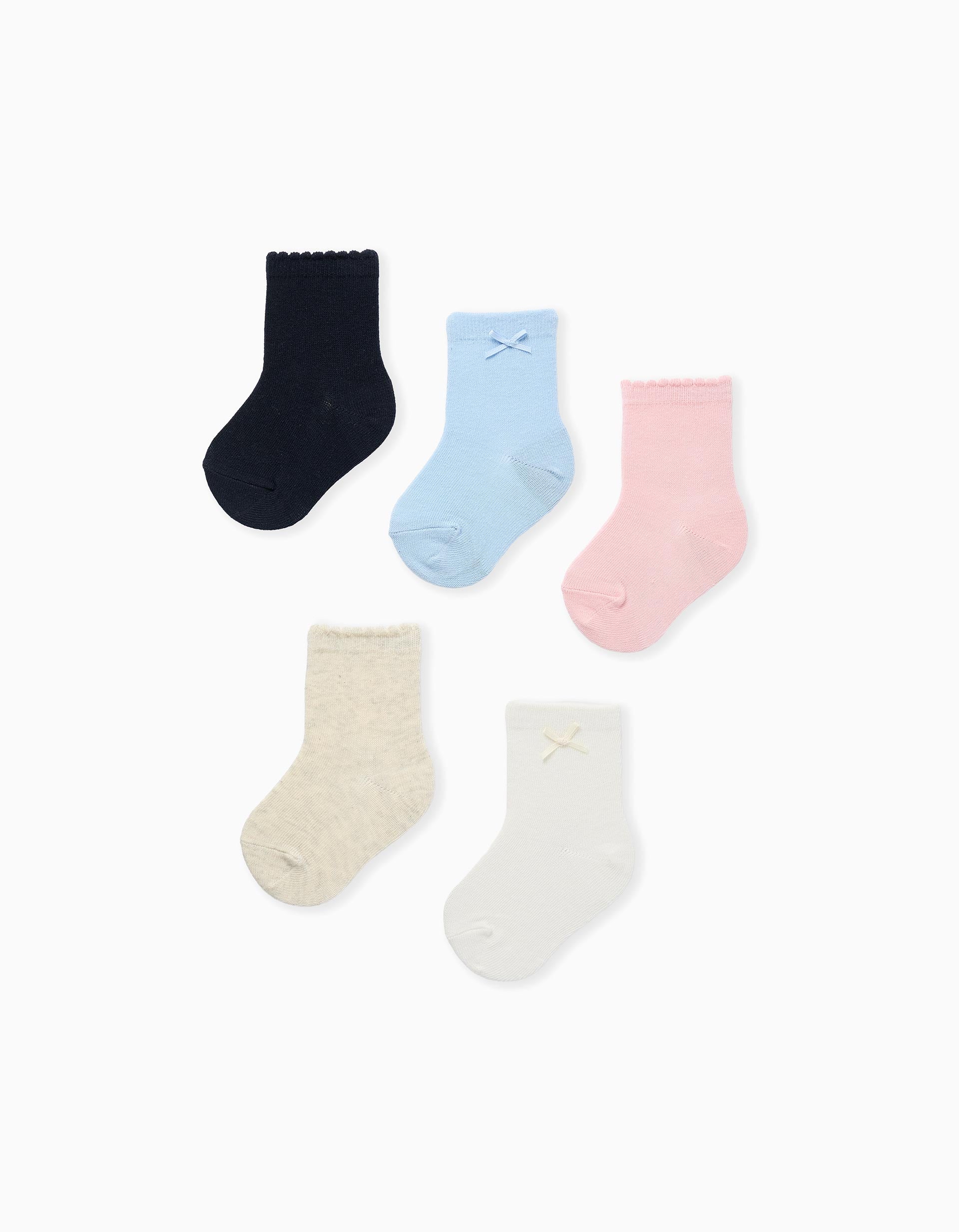 5 paires de chaussettes unies pour bébé fille, rose/blanc/beige/bleu