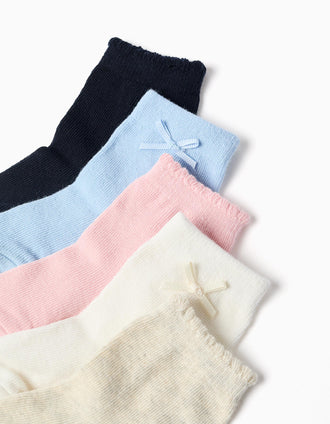 Pack of 5 pairs of plain socks for baby girls, pink/white/beige/blue