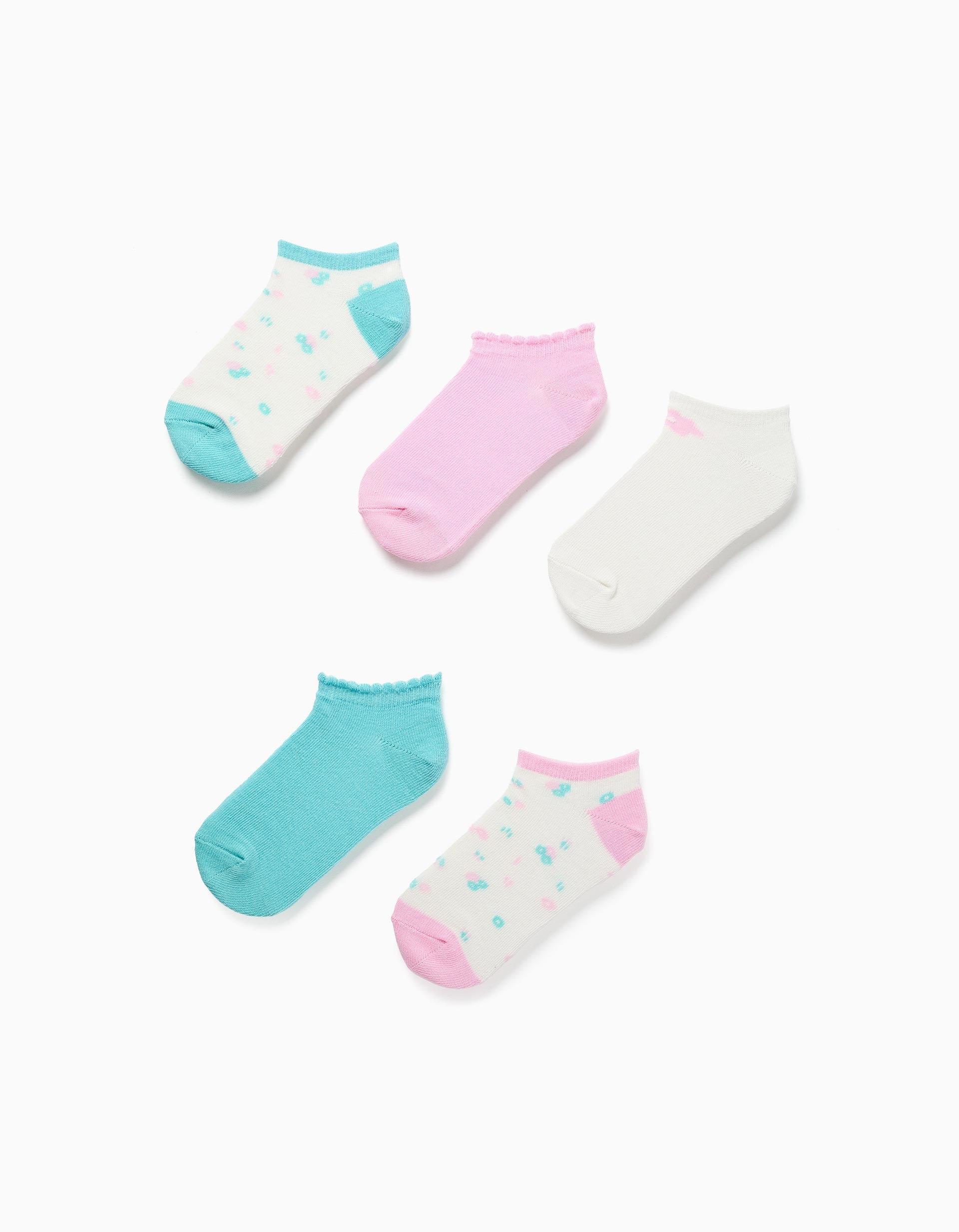 5 pairs of plain/floral ankle socks for girls, blue/pink/white