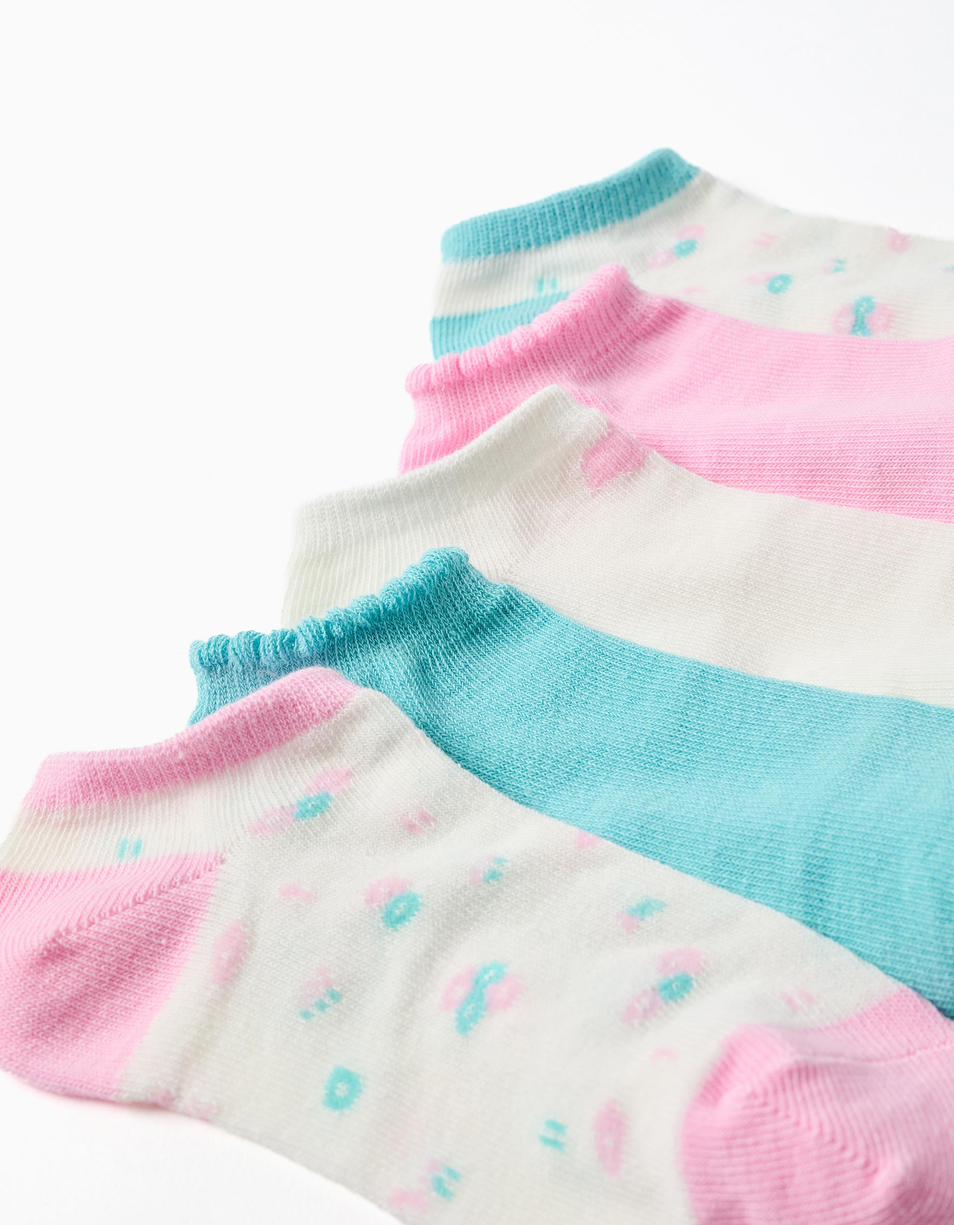 5 pairs of plain/floral ankle socks for girls, blue/pink/white