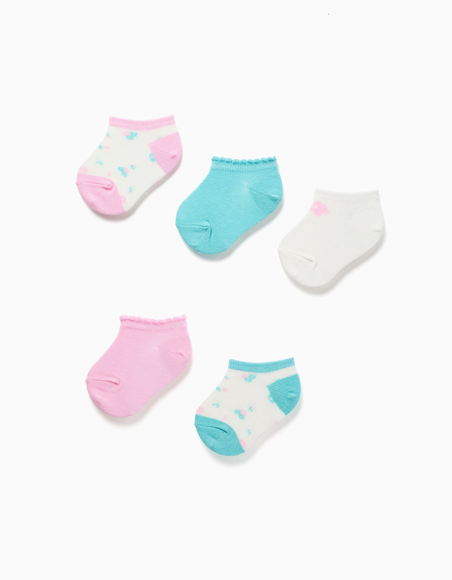 5 pares de meias curtas lisas/florais para bebé menina, azul/rosa/branco