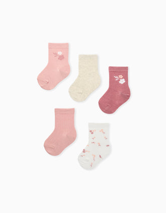 Pack of 5 pairs of socks with flowers for baby girls, pink/white/beige