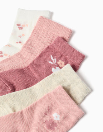 Pack of 5 pairs of socks with flowers for baby girls, pink/white/beige