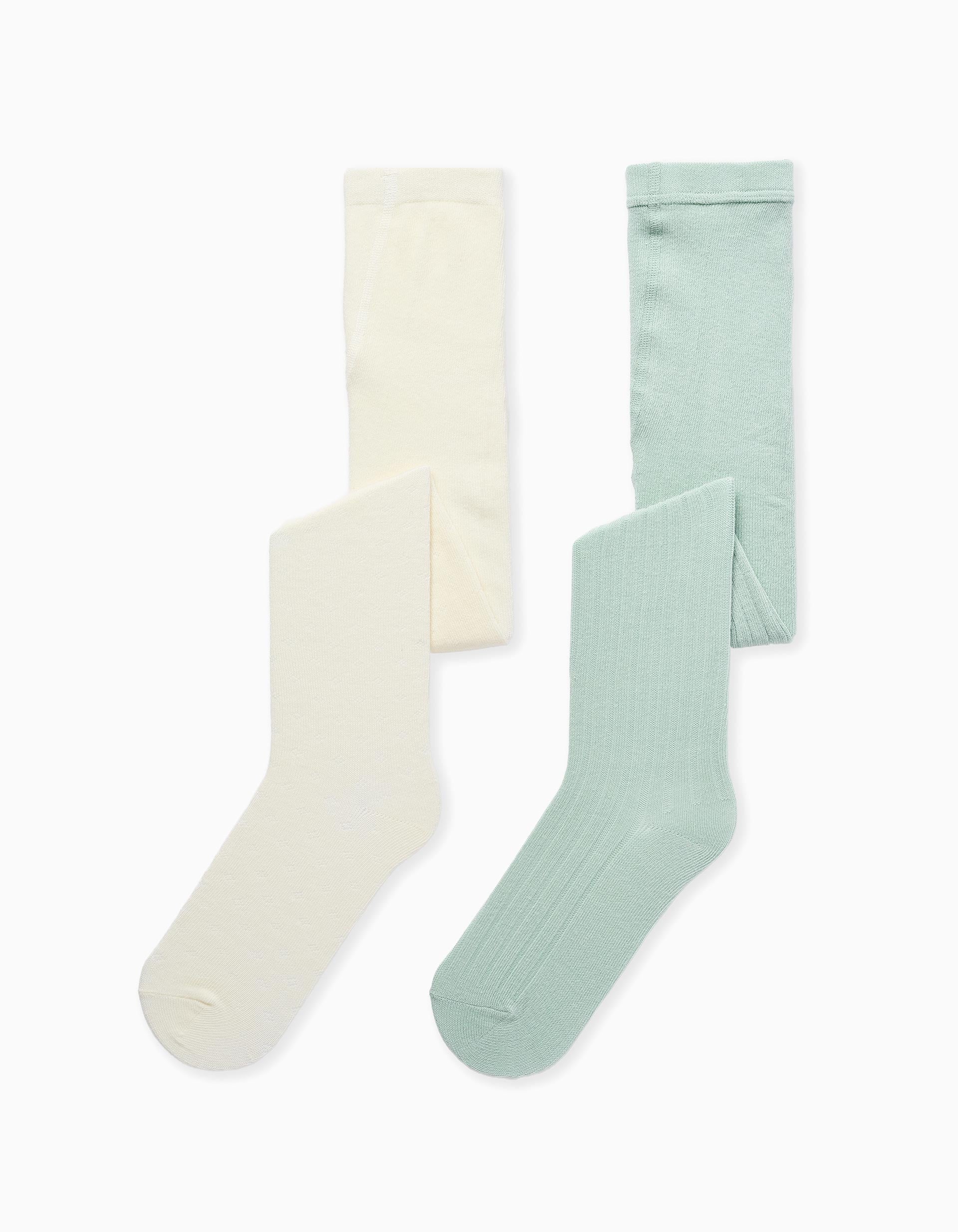2 paires de collants côtelés/jacquard pour fille, blanc/vert clair