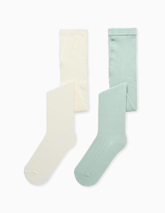 Pack of 2 pairs of ribbed/jacquard tights for girls, white/light green