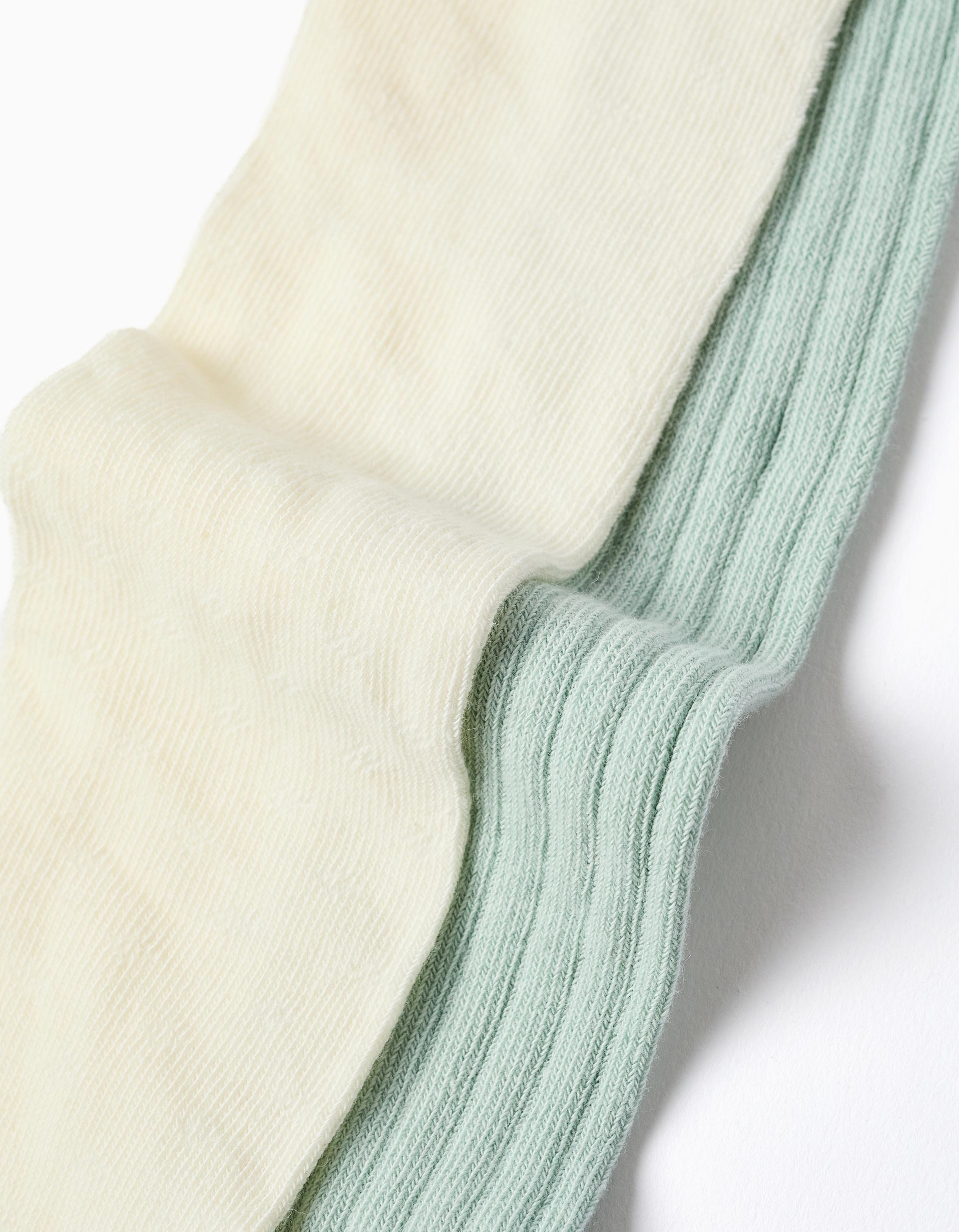 2 paires de collants côtelés/jacquard pour fille, blanc/vert clair