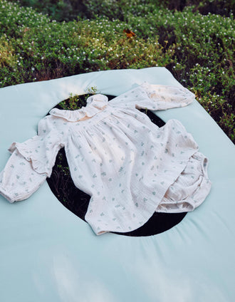 Floral cotton dress + bloomers B&S for baby girls, beige/green