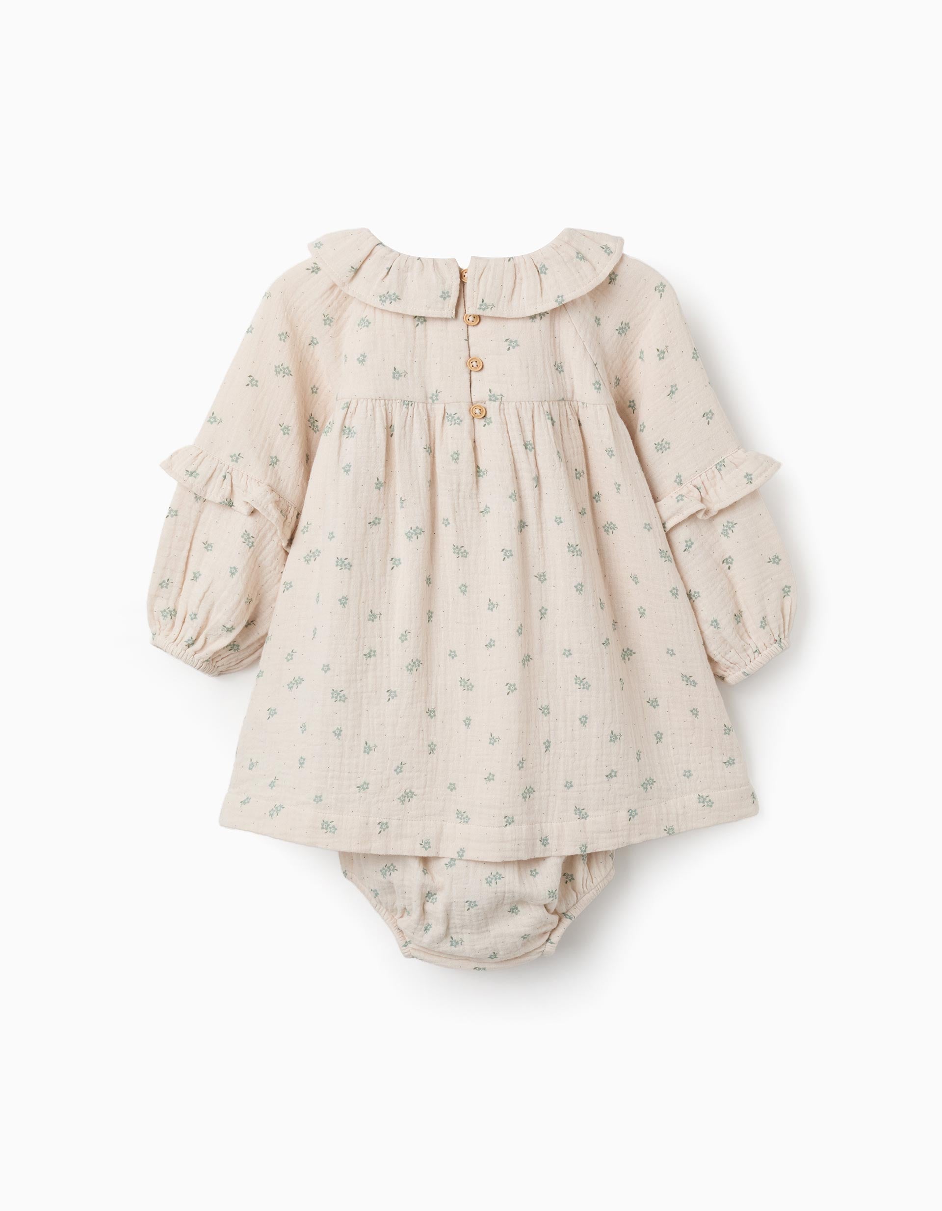 Vestido floral + tapa-fraldas de algodão B&S para bebé menina, bege/verde