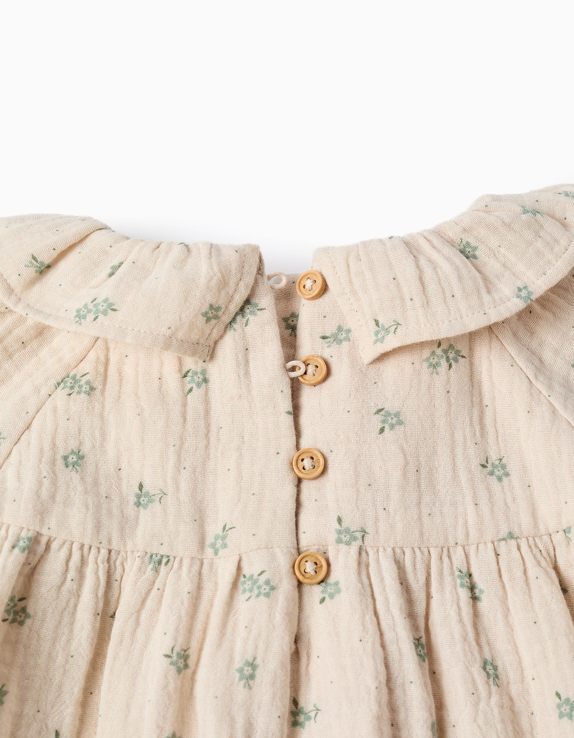 Vestido floral + tapa-fraldas de algodão B&S para bebé menina, bege/verde