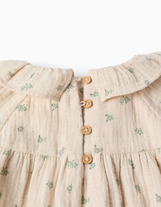 Floral cotton dress + bloomers B&S for baby girls, beige/green