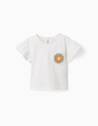 T-shirt en coton avec poche au crochet pour bébé fille, blanc