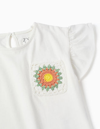 T-shirt en coton avec poche au crochet pour bébé fille, blanc